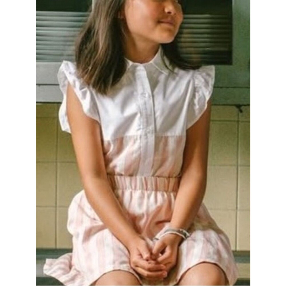 The Sunday Collective Girls Blouse with ruffles cotton linen stripes NWT